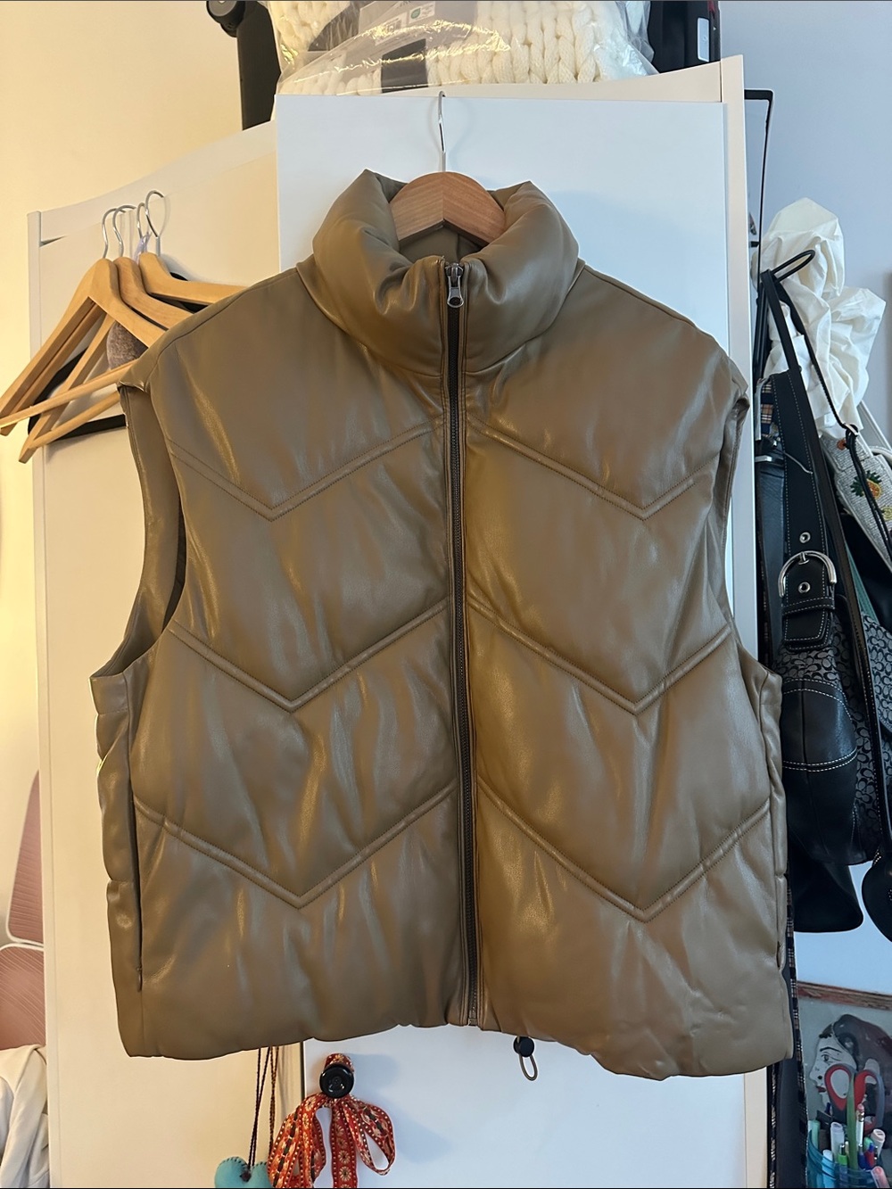 Zara Light Brown Quilted Faux-Leather Puffer Vest